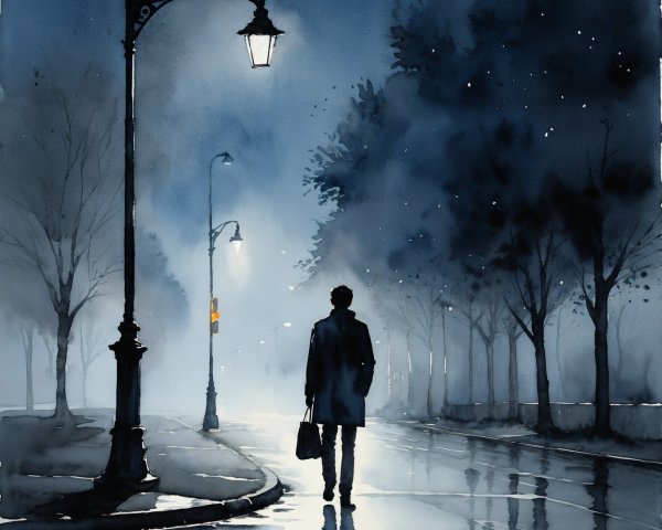 Misty Street Scene with Solitary Figure and Lamppost