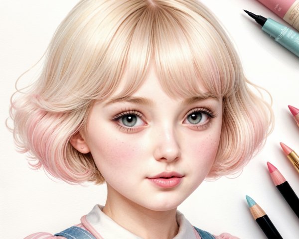 Young girl with pastel pink highlights and art supplies