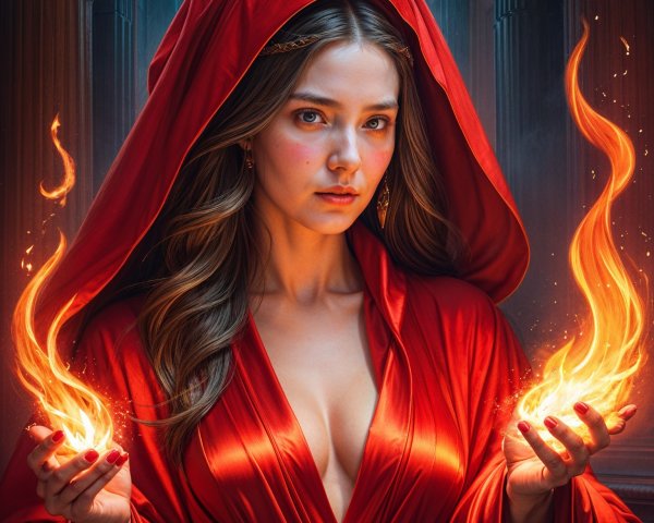 Mystical Figure in Red Robe Surrounded by Flames