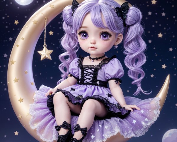 Lavender-haired doll on golden crescent moon scene