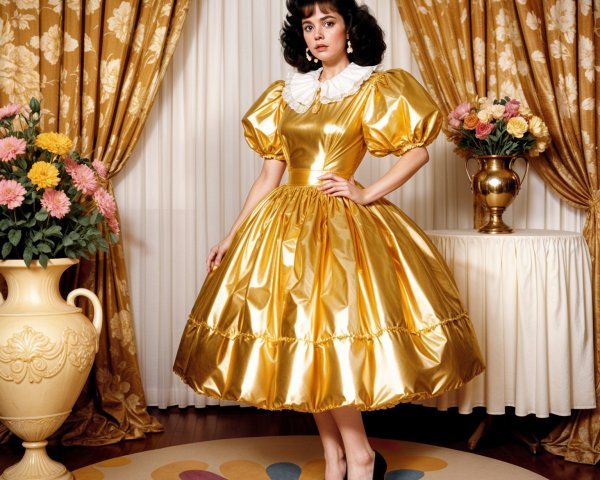 Elegant Woman in Golden Dress with Floral Decor