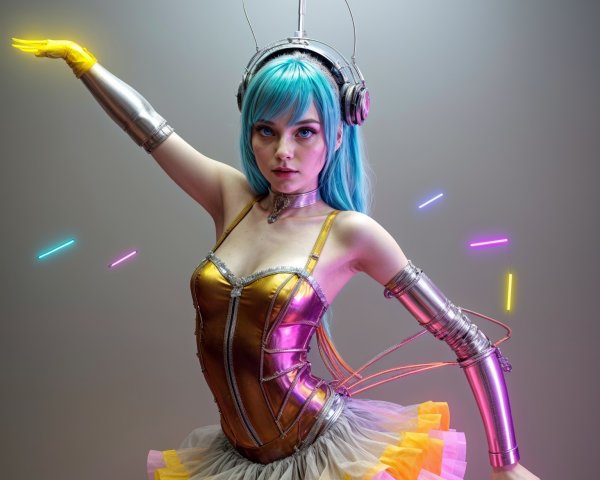 Dynamic Costume with Metallic Accents and Tutu