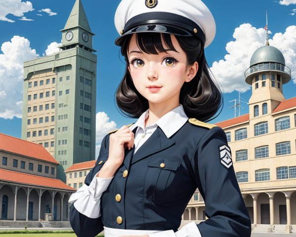 Young Woman in Navy Uniform by Grand Building