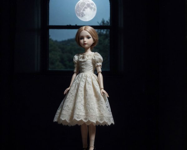 Full-body doll in lace dress with moonlit backdrop