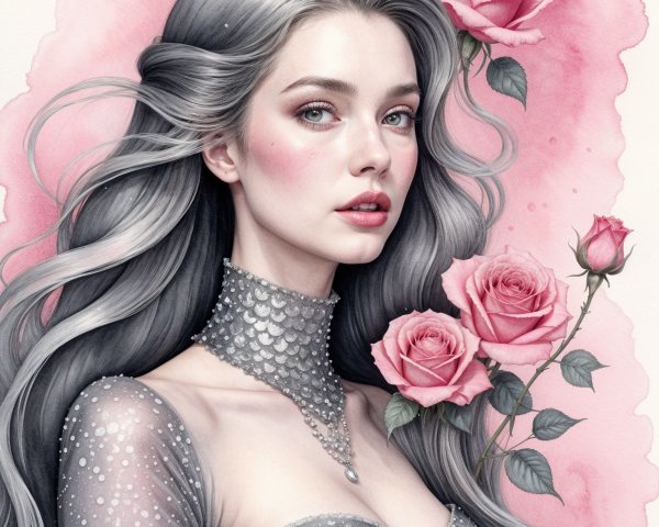 Ethereal Portrait of a Woman with Silver Hair and Roses
