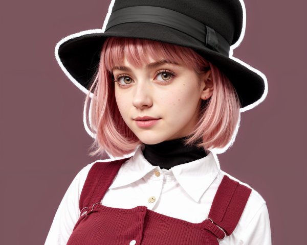 Young person with pink bob haircut and black hat