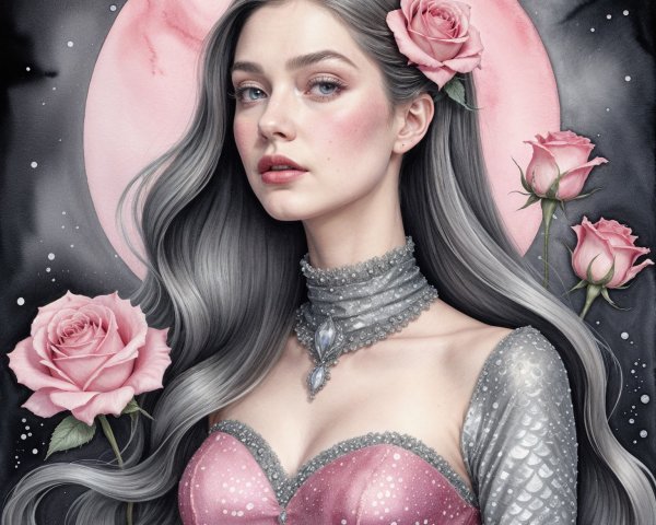Woman with Silver Hair and Pink Moon Background