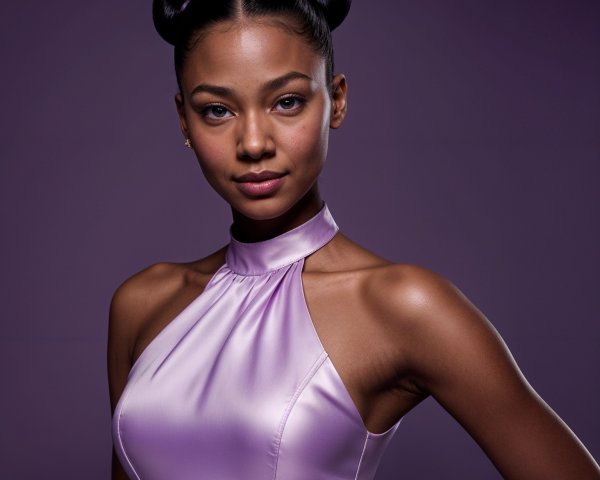 Portrait of a Young Woman in Lavender Dress and Buns
