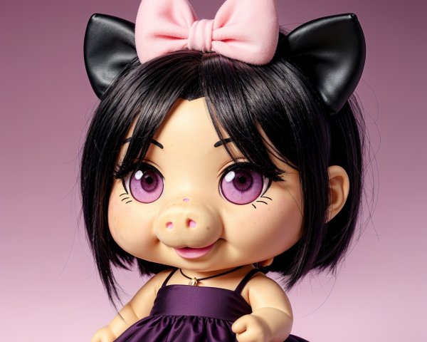 Charming Doll with Pig Motif and Lavender Eyes