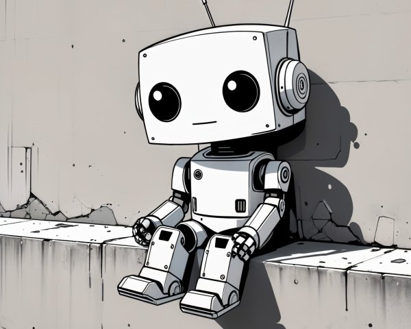 Cute Robot with Boxy Head Against Cracked Wall
