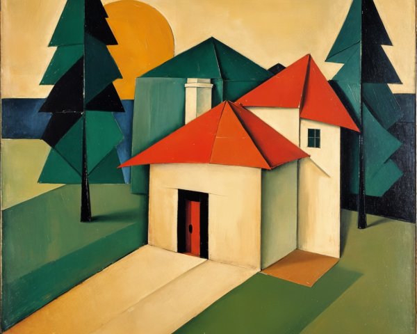 Stylized Landscape with Geometric Shapes and Buildings