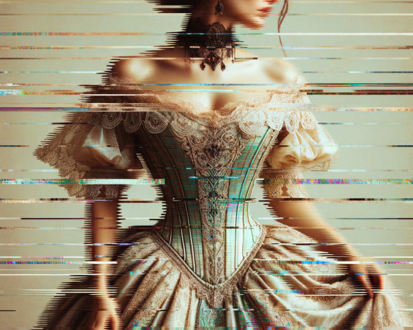 Vintage Corseted Gown with Artistic Glitch Effect