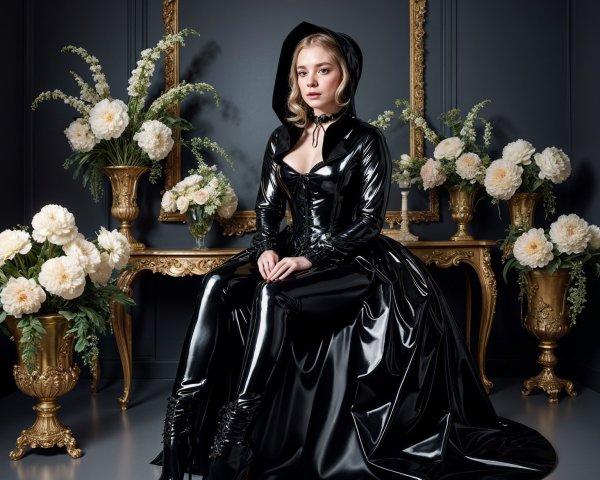 Elegant Figure in Black Latex Gown with Gold Decor