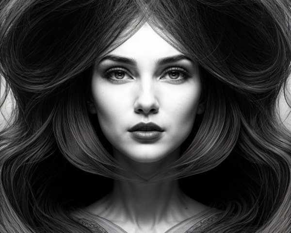 Black and White Portrait of a Woman with Flowing Hair