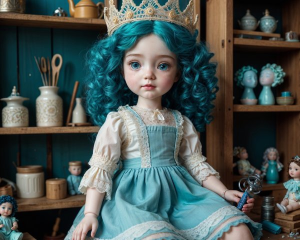 Vibrant Blue-Haired Doll with Lace Dress and Crown