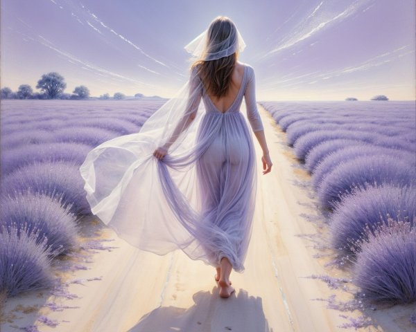 Woman Walking Barefoot on a Lavender Path