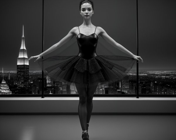 Ballerina in Black Tutu Against Nighttime Cityscape