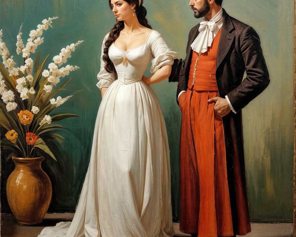 Oil Painting of Man and Woman in Traditional Attire