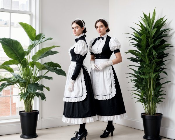 Women in Elegant Maid Outfits in Modern Room