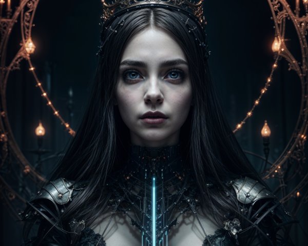 Gothic Woman in Dark Chamber with Candlelit Decor