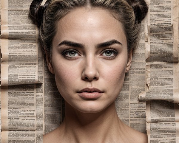 Portrait of a Woman with Buns and Newspaper Background