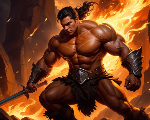 Muscular Warrior in Flames and Rocky Terrain
