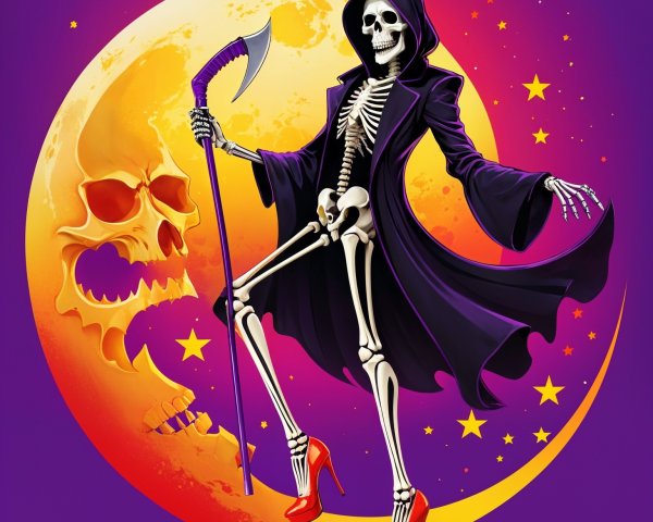 Playful Skeleton in Cloak with Scythe on Purple Background