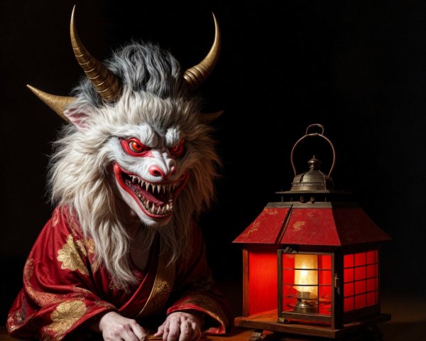 Demon Masked Figure in Red Kimono at Wooden Table
