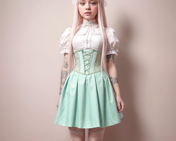 Young Woman in Pastel Mint Dress Against Pink Background