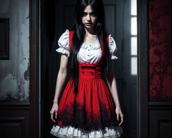 Young woman in eerie hallway with striking dress