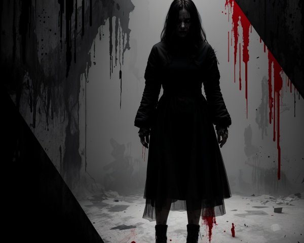 Eerie Figure in Dark Dress in Dimly Lit Space