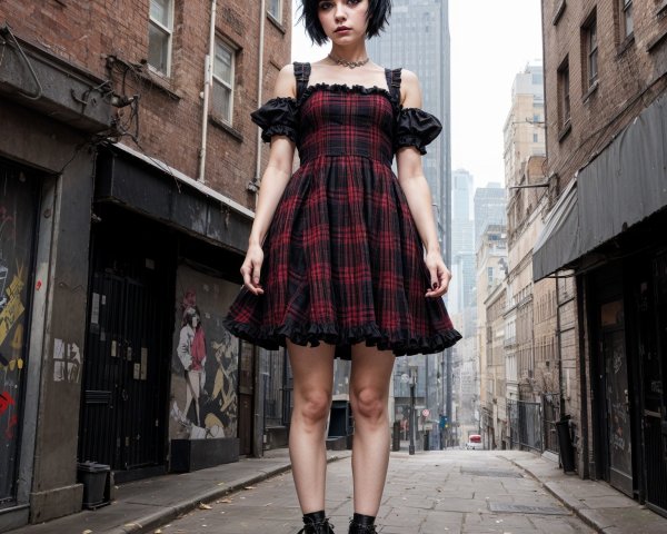 Young woman in plaid dress in urban alley setting