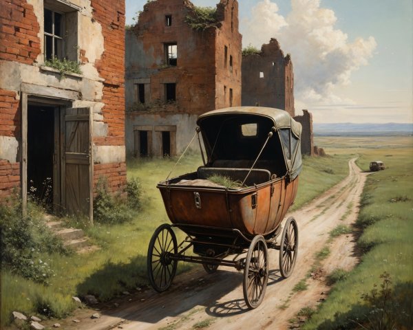 Serene Landscape with Old Carriage and Ruins