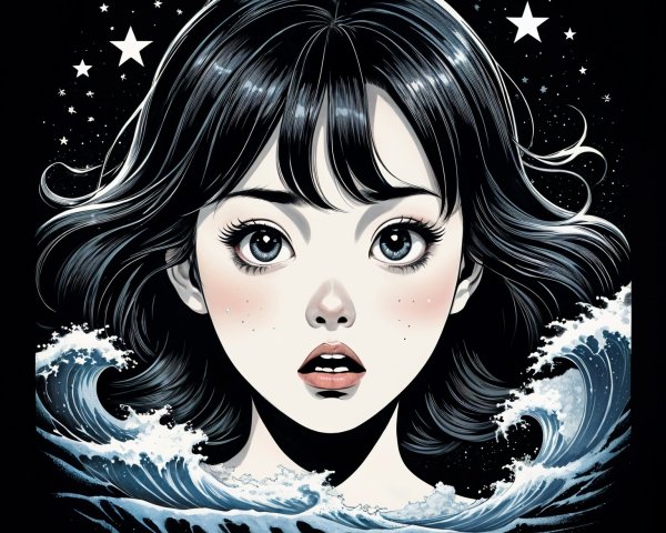 Portrait of a Young Woman with Ocean Waves and Stars