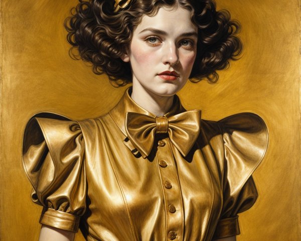Young woman with curly hair and elegant gold blouse