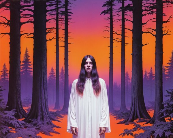 Mysterious Figure in Surreal Forest Landscape