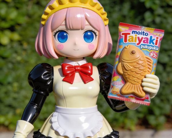 Female Anime Doll in Maid Outfit Holding Taiyaki