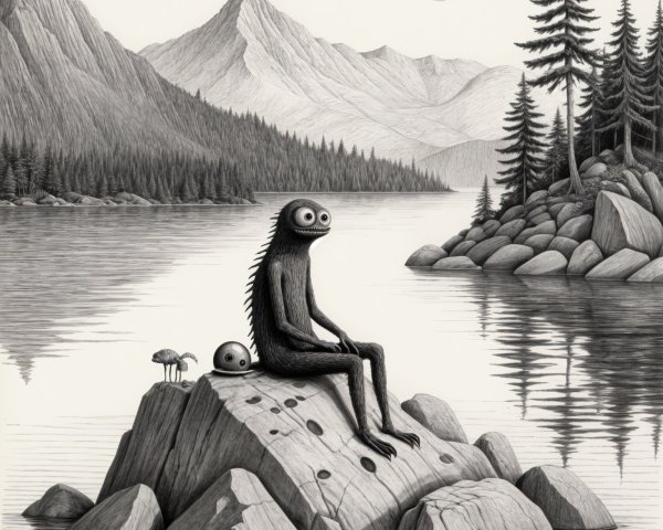Whimsical Creature by Tranquil Lake in Mountain Landscape