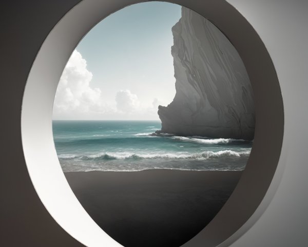 Round Window Frame with Coastal Scene and Cliffs