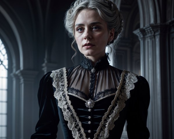 Elegant Woman in Lavish Black Gown in Ornate Room