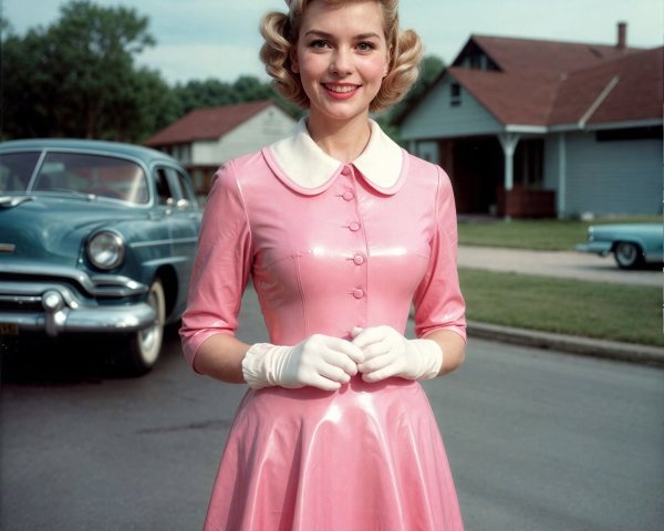 Blonde Woman in Pink Dress Smiling Outdoors