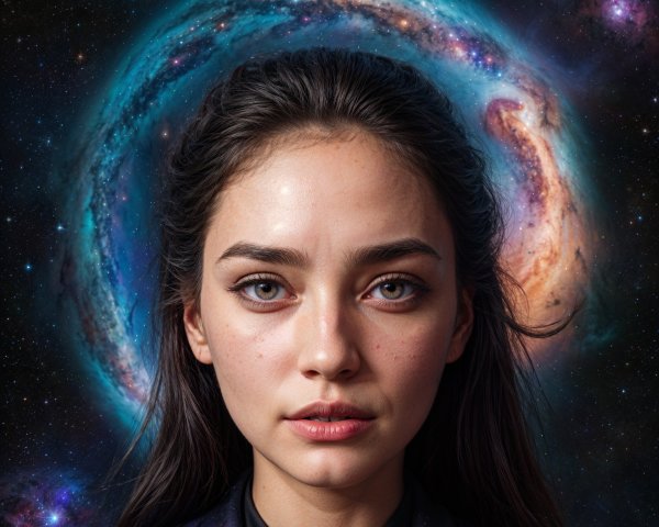Young woman with cosmic background and captivating eyes