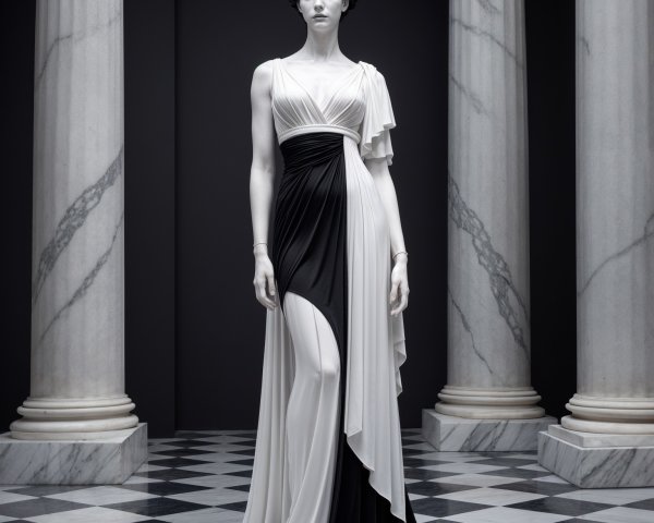 Elegant gown with black and white design in classic setting