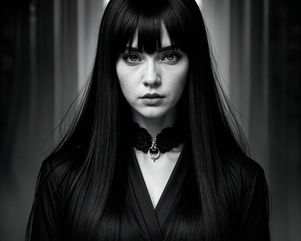 Black and white portrait of a woman with striking features