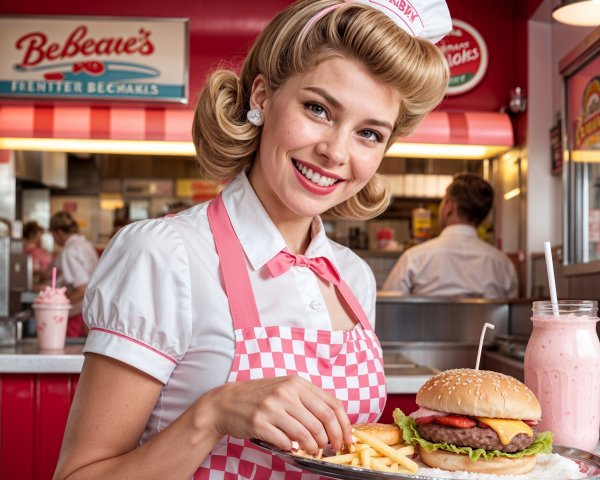 Cheerful Waitress in Classic Diner with Retro Vibe