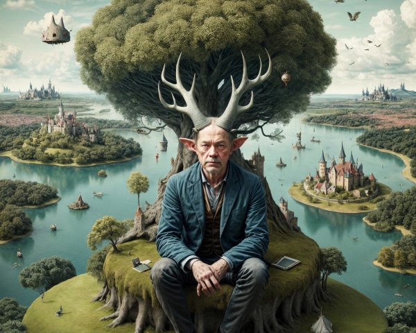 Man with Antlers in Dreamlike Landscape with Castles