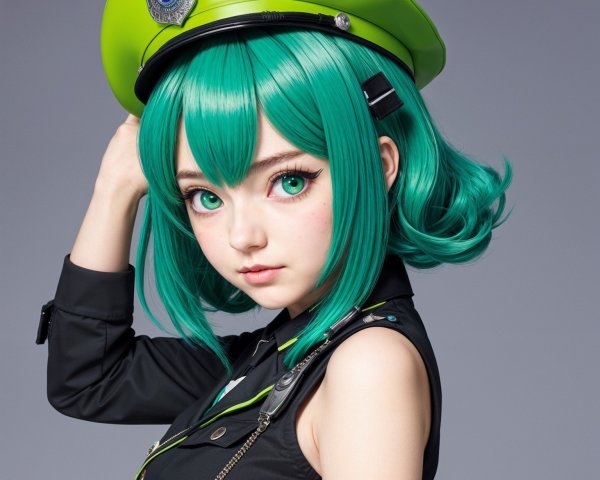 Young woman with green hair in police cap and black outfit