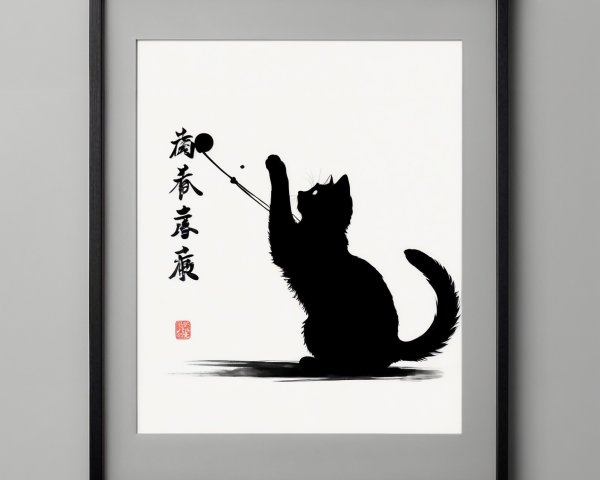 Silhouette of a Cat with Calligraphy and Seal