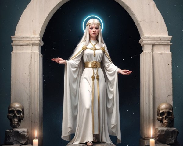 Divine Figure in Archway with Candles and Skulls