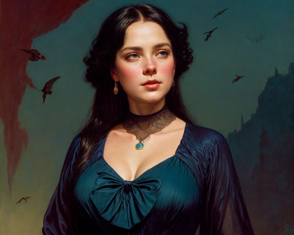 Portrait of a Woman in Blue Dress with Dramatic Sky